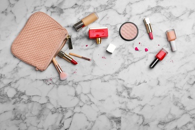 Flat lay composition with cosmetic products on marble background