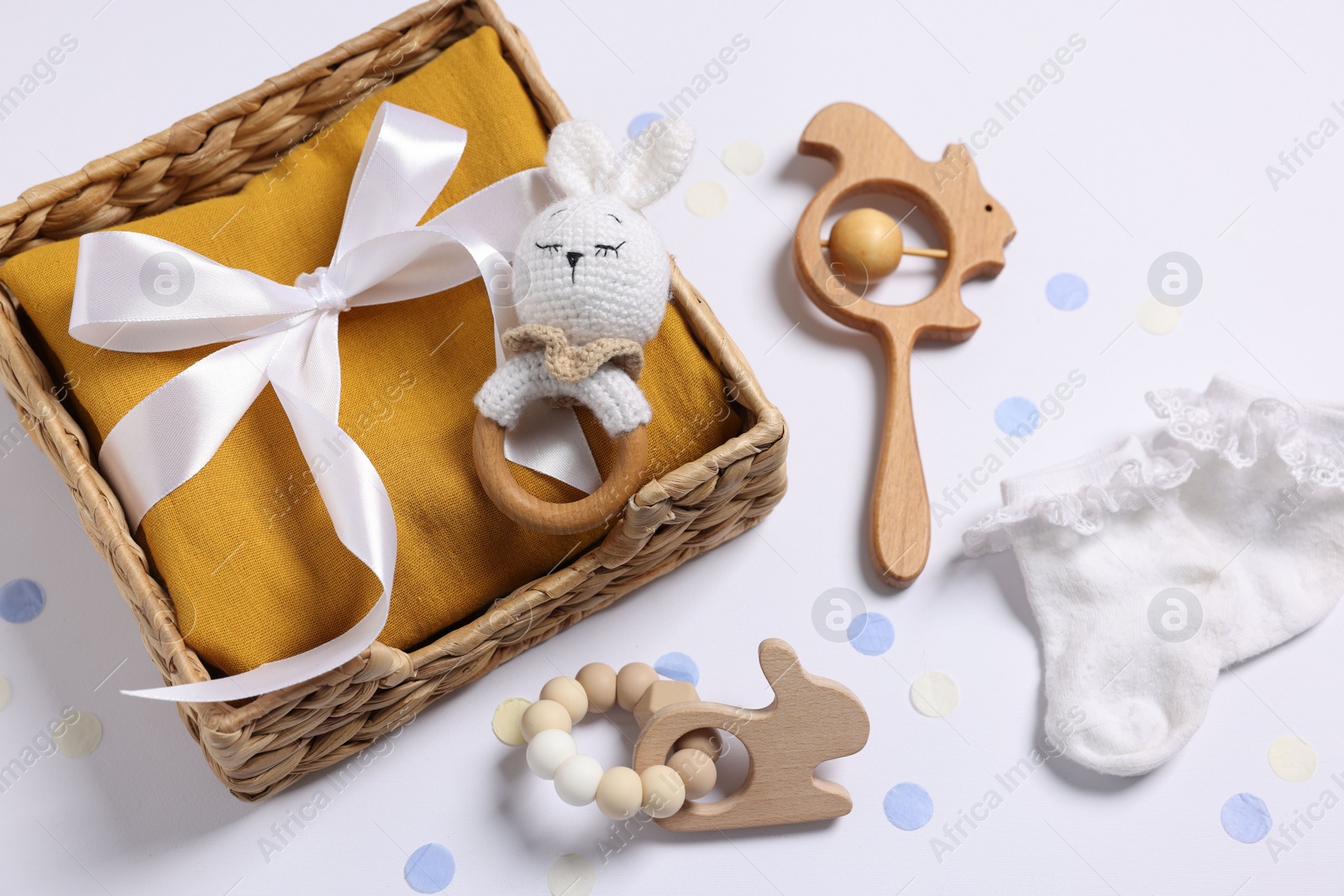 Photo of Flat lay composition with different baby accessories on white background