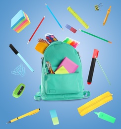 Backpack surrounded by flying school stationery on light blue background