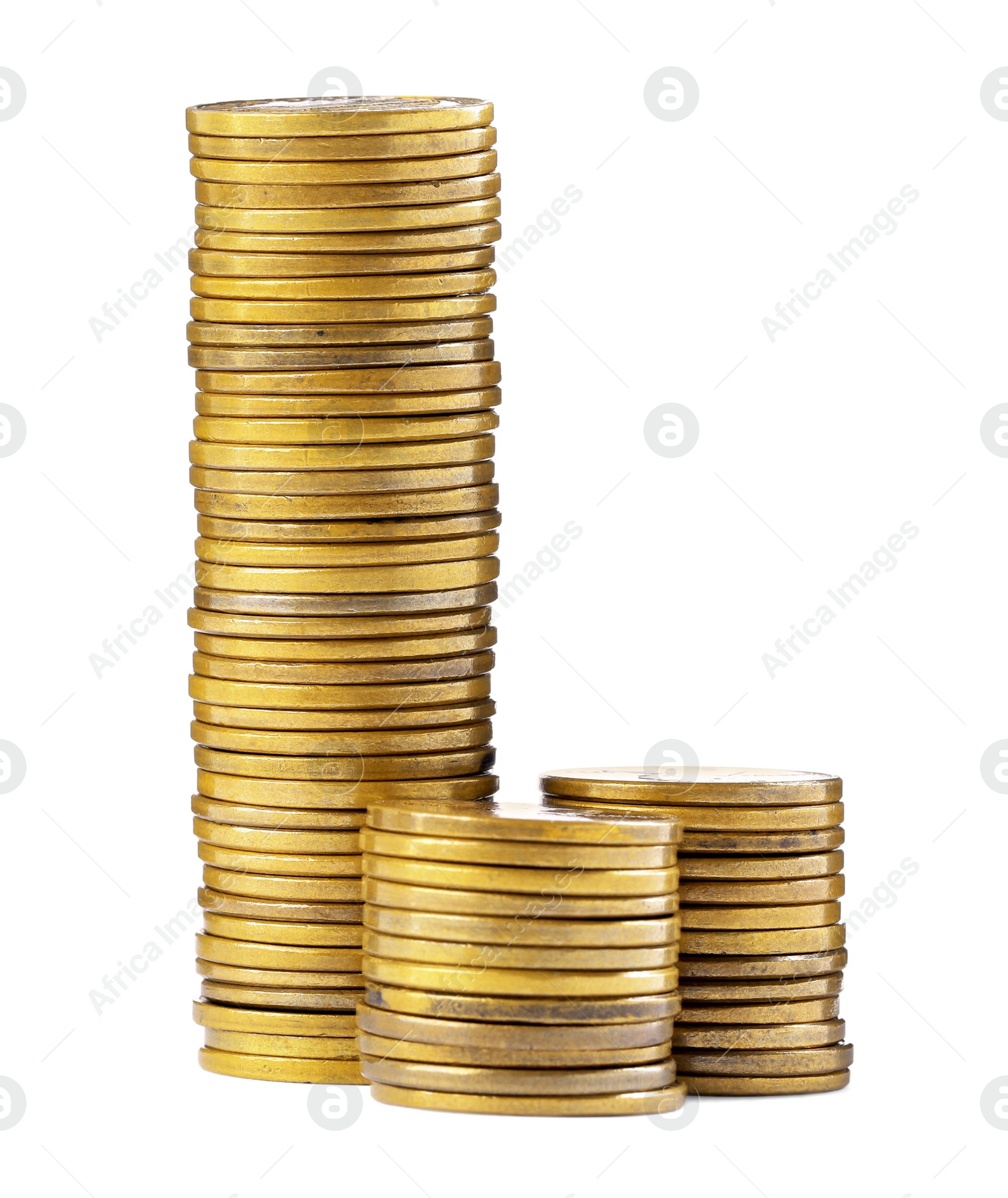 Photo of Many golden coins stacked on white background