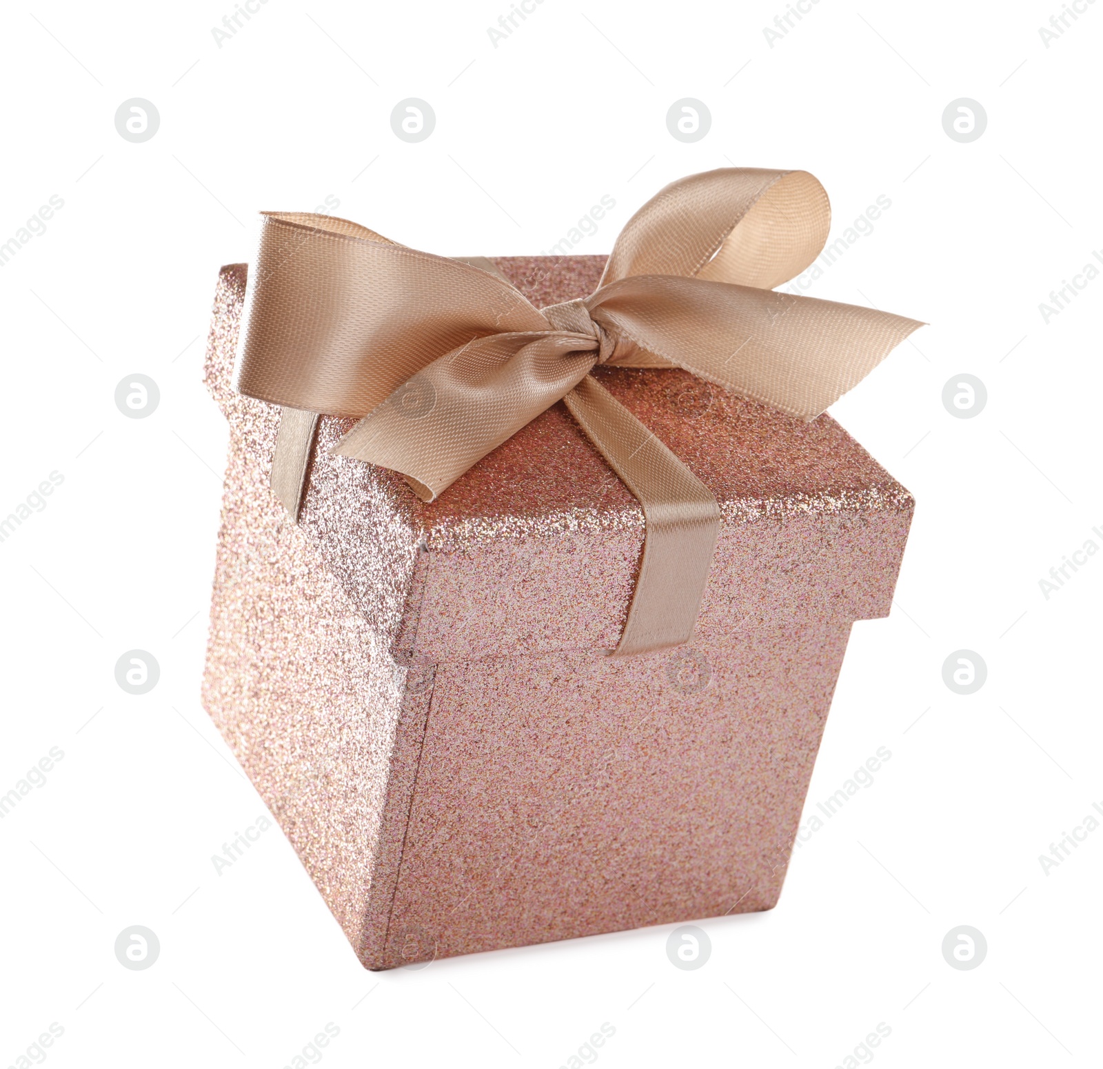 Photo of Beautiful gift box with golden ribbon and bow on white background