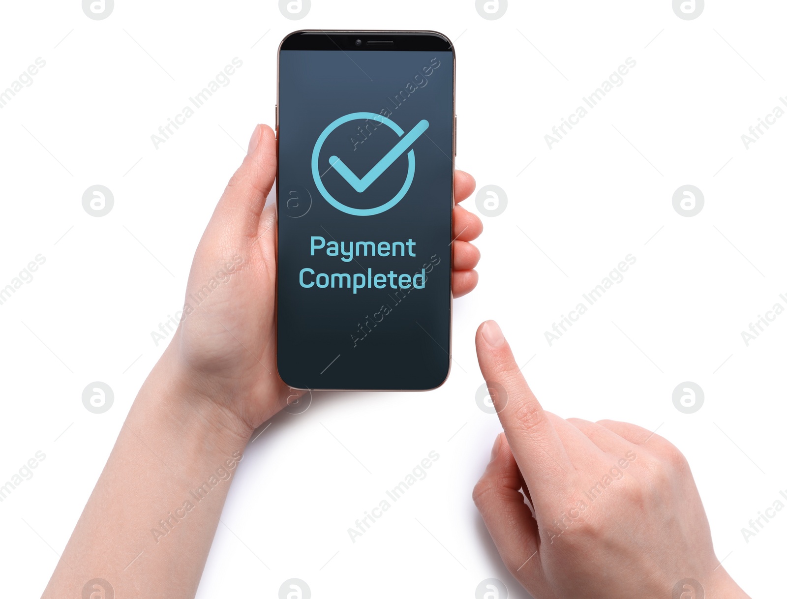 Image of Woman successfully made payment using online banking application on smartphone on white background, closeup