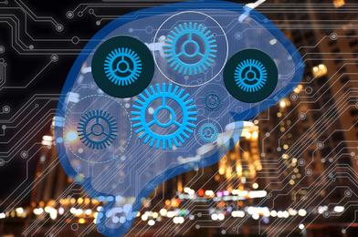 Image of  Illustration of brain with circuit board pattern and night cityscape on background. Machine learning concept 
