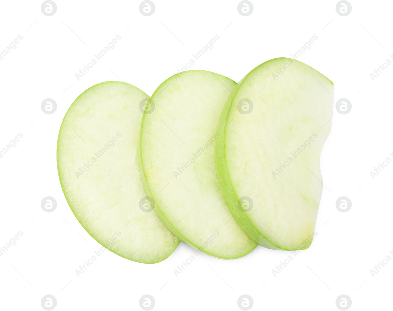 Photo of Slices of ripe green apple isolated on white, top view