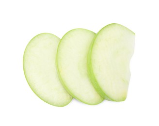 Slices of ripe green apple isolated on white, top view