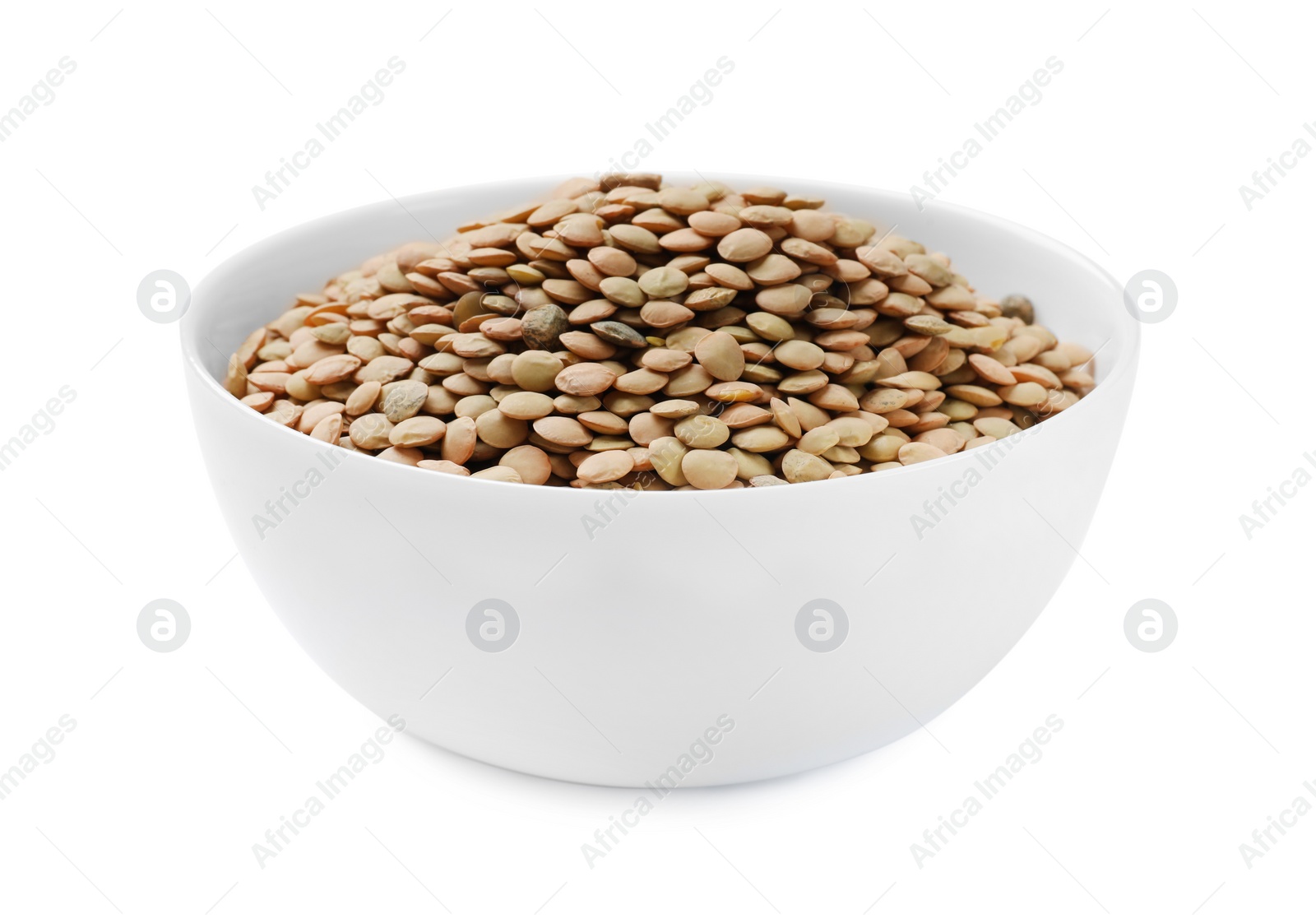 Photo of Raw lentils in bowl isolated on white