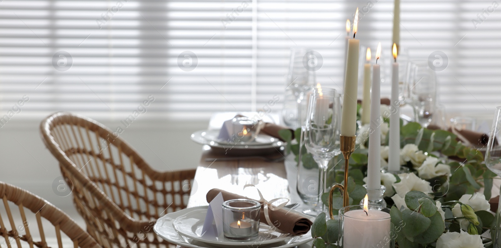 Image of Festive table setting with beautiful tableware and decor indoors. Banner design