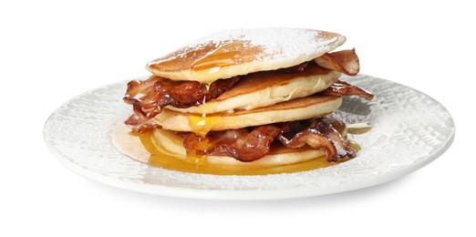 Photo of Delicious pancakes with maple syrup, sugar powder and fried bacon on white background