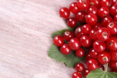 Ripe red currants on light table, closeup. Space for text