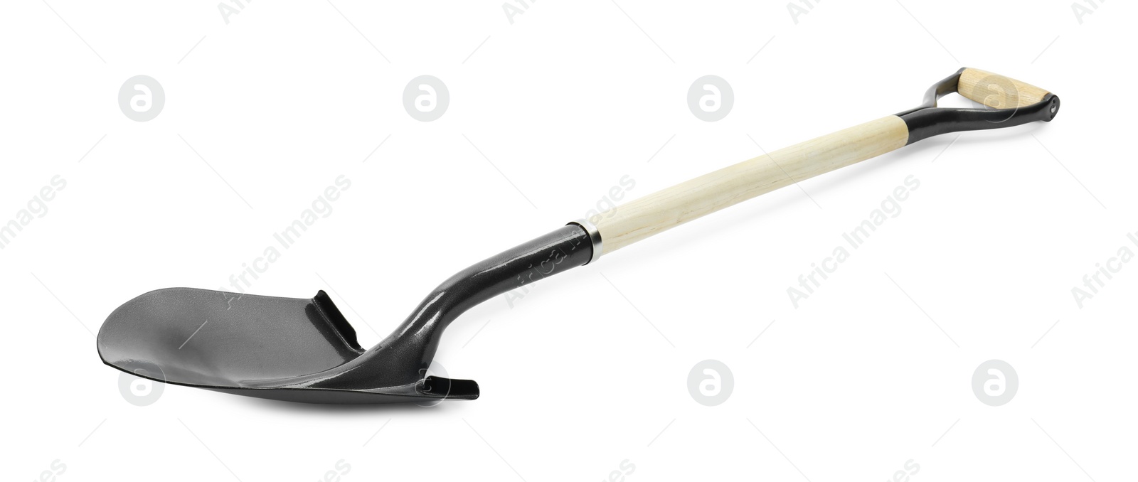 One new shovel with wooden handle isolated on white. Gardening tool Photo of One new shovel with wooden handle isolated on white. Gardening tool