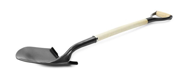 Photo of One new shovel with wooden handle isolated on white. Gardening tool