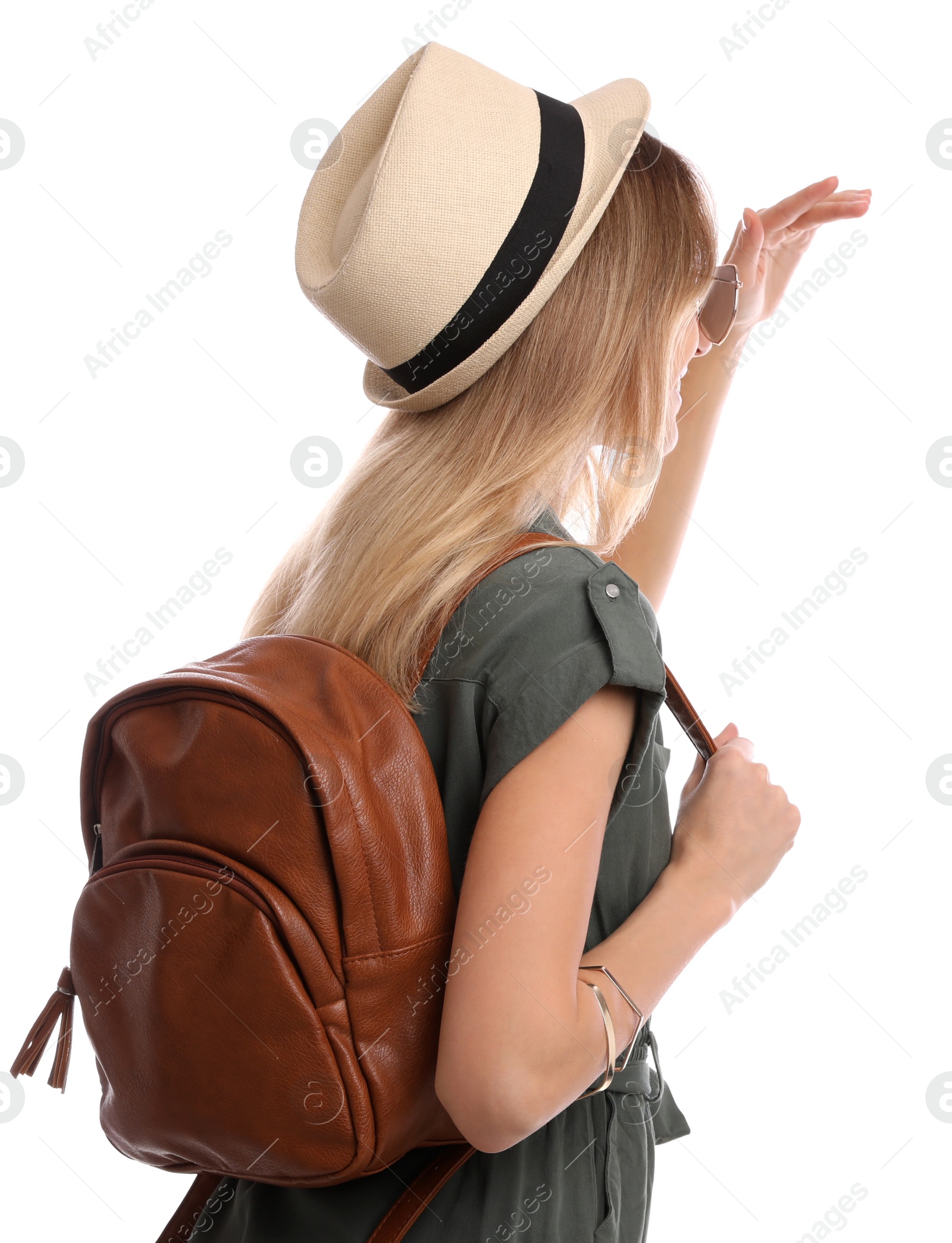 Photo of Woman with backpack on white background. Summer travel