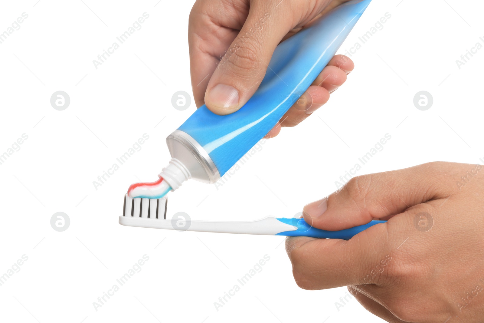 Photo of Man applying toothpaste on brush against white background, closeup