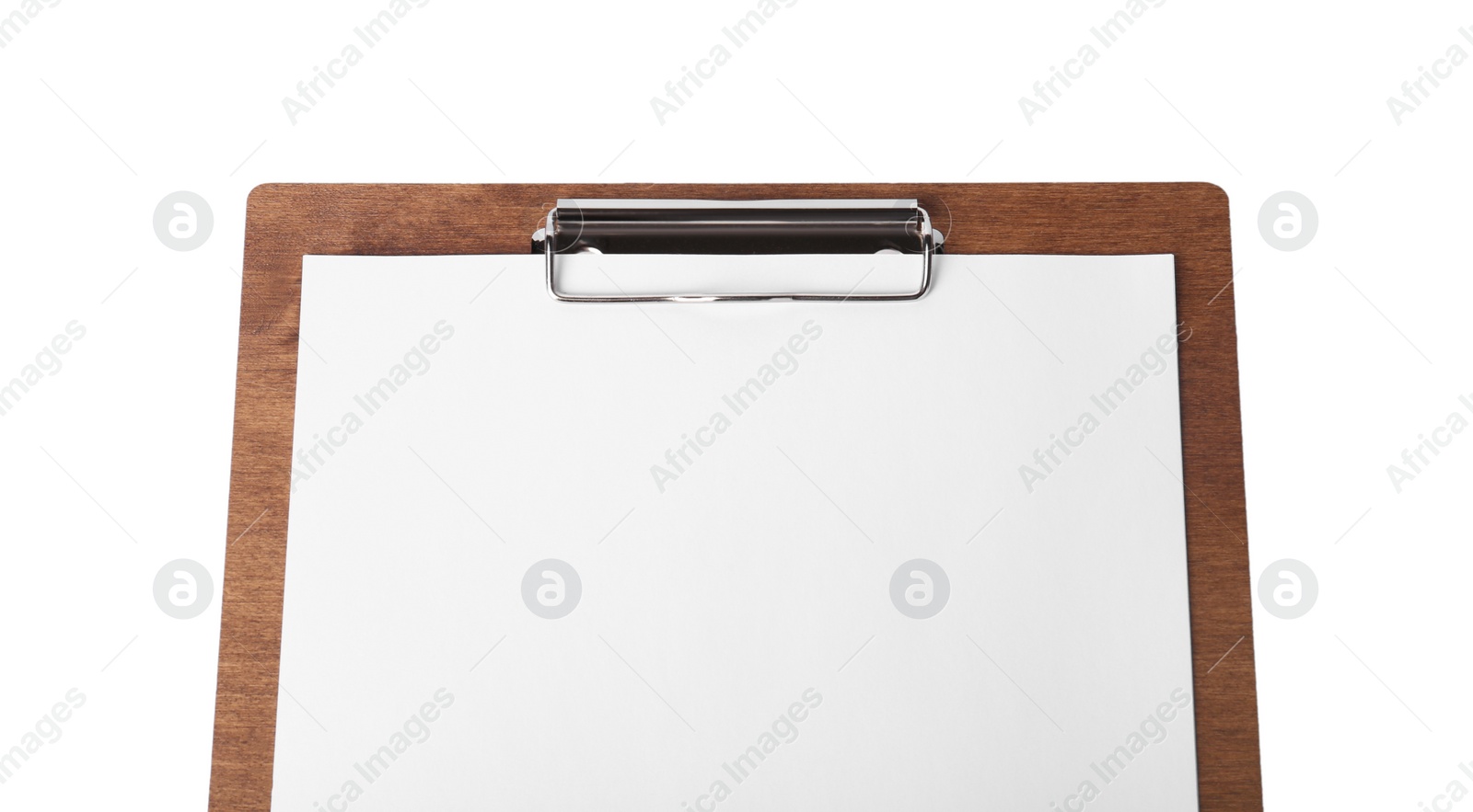 Photo of Wooden clipboard with sheet of paper isolated on white