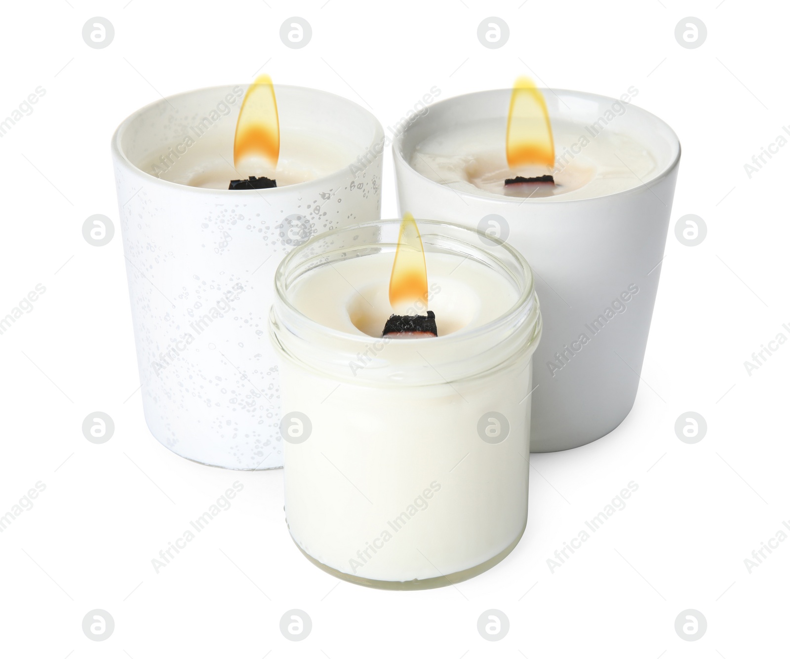 Photo of Aromatic candles with wooden wicks on white background