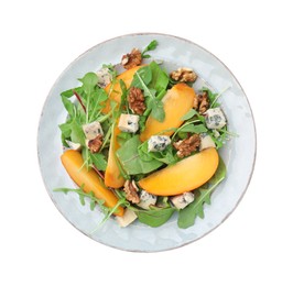 Tasty salad with persimmon, blue cheese and walnuts isolated on white, top view
