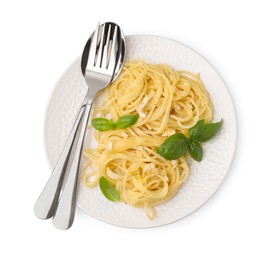 Photo of Delicious pasta with brie cheese and basil leaves on white background, top view