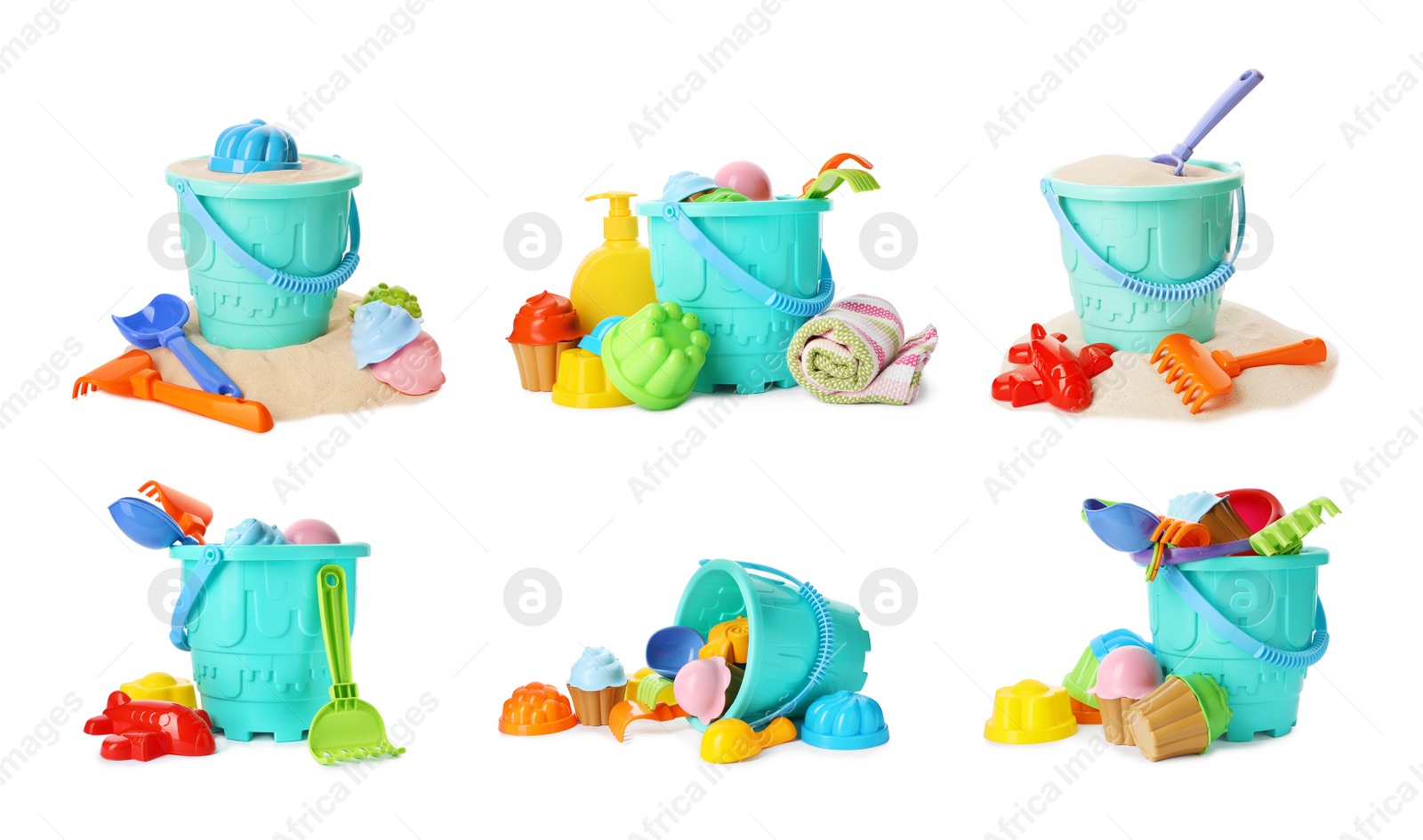 Image of Set of different plastic beach toys on white background 