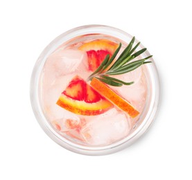 Photo of Delicious refreshing drink with sicilian orange, fresh rosemary and ice cubes in glass isolated on white, top view
