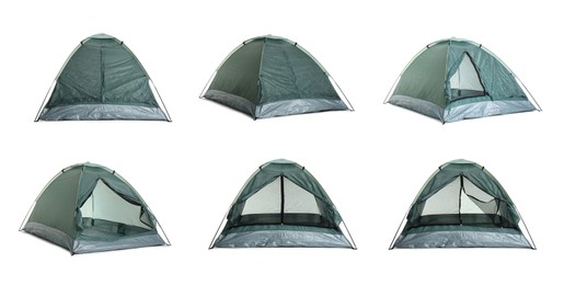 Image of Dark green camping tents on white background, collage 