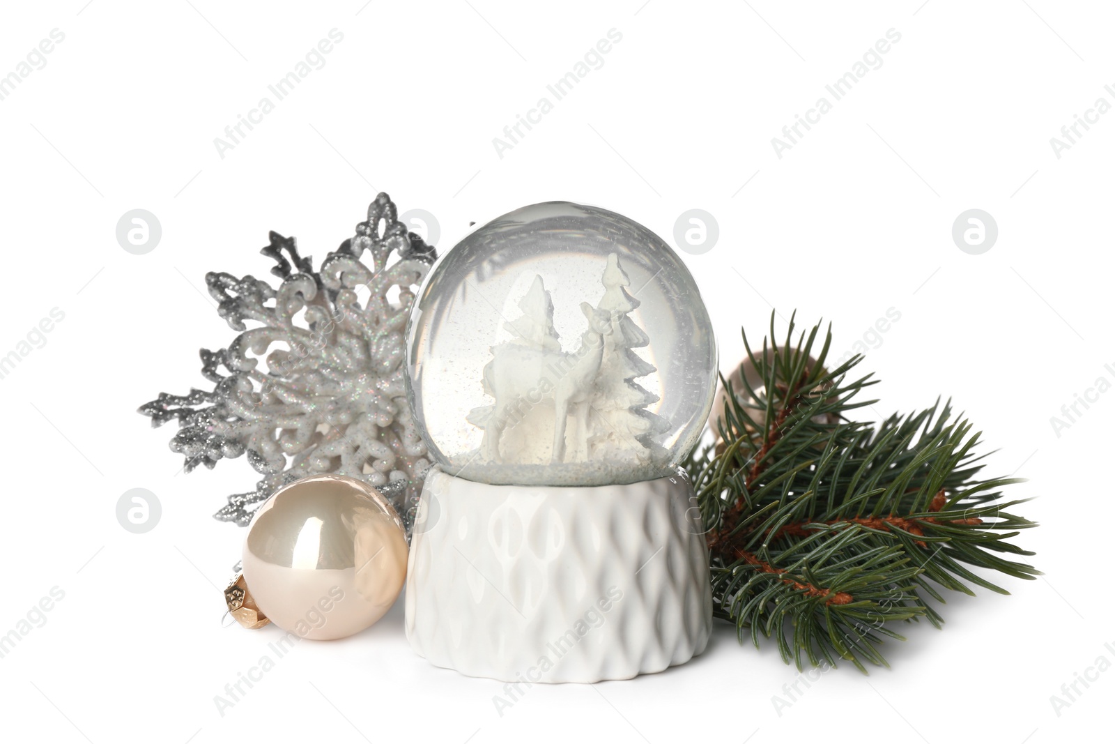 Photo of Beautiful snow globe and Christmas decor on white background