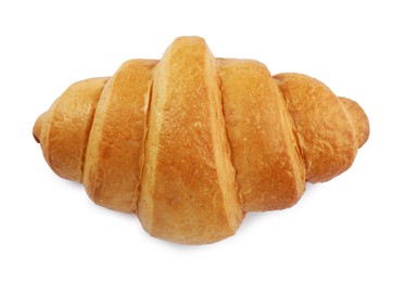 Photo of One delicious fresh croissant isolated on white, top view