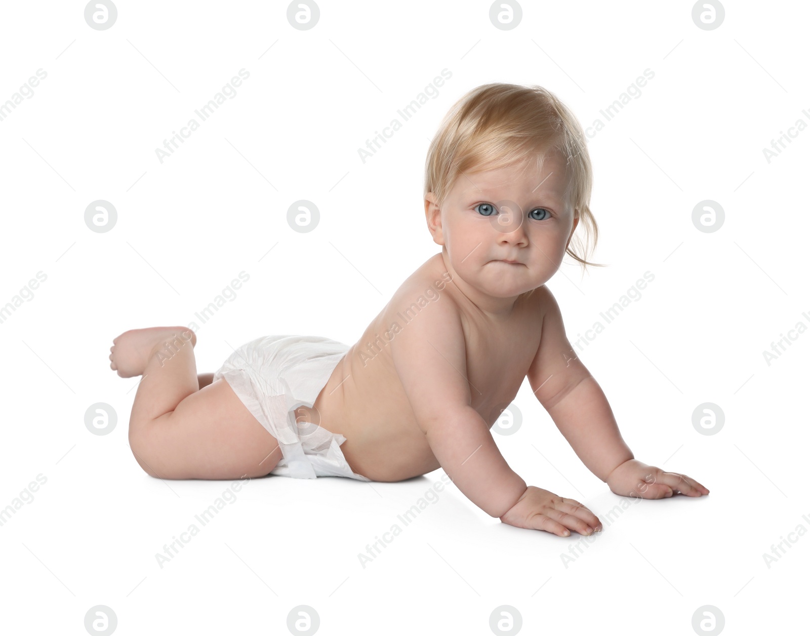 Photo of Cute little baby in diaper on white background