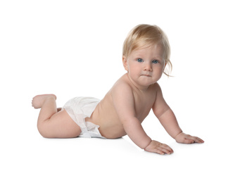 Cute little baby in diaper on white background