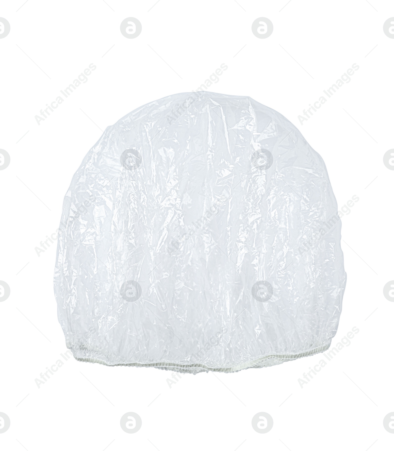 Photo of Transparent shower cap on white background, top view