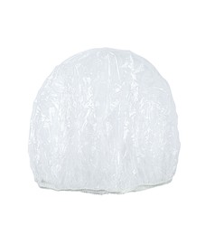 Photo of Transparent shower cap on white background, top view