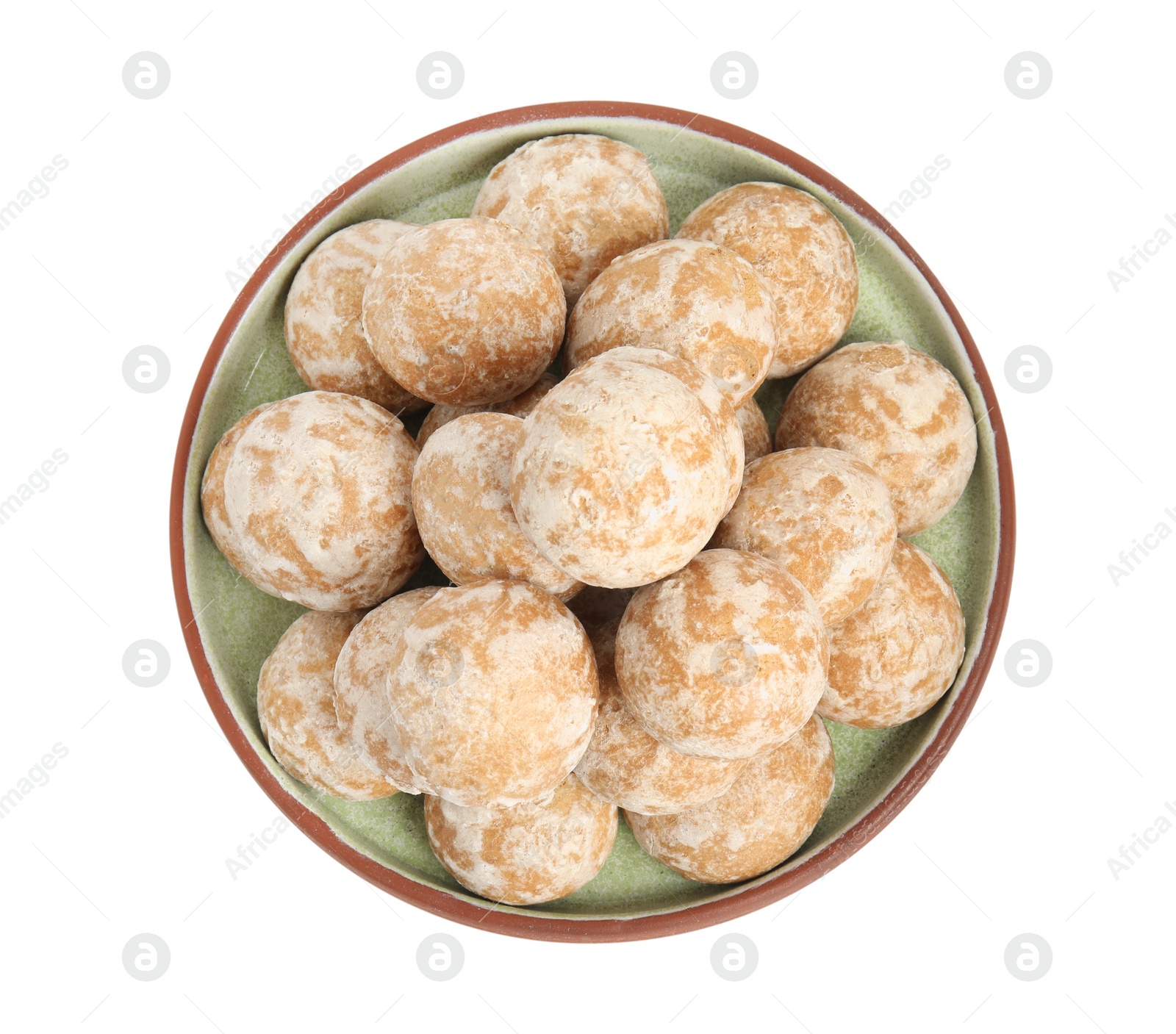 Photo of Tasty homemade gingerbread cookies on white background, top view