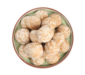 Tasty homemade gingerbread cookies on white background, top view