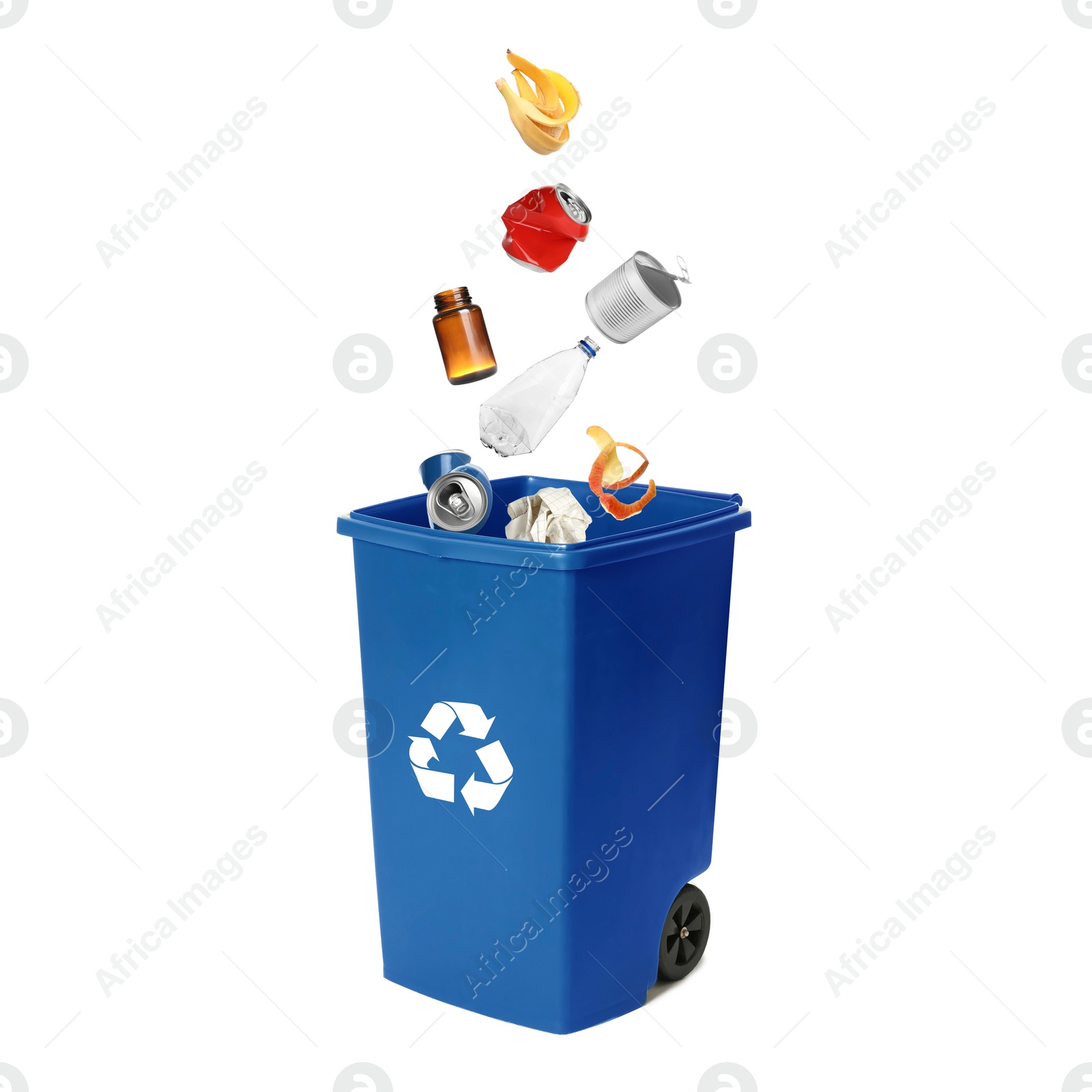 Image of Garbage falling into trash bin on white background