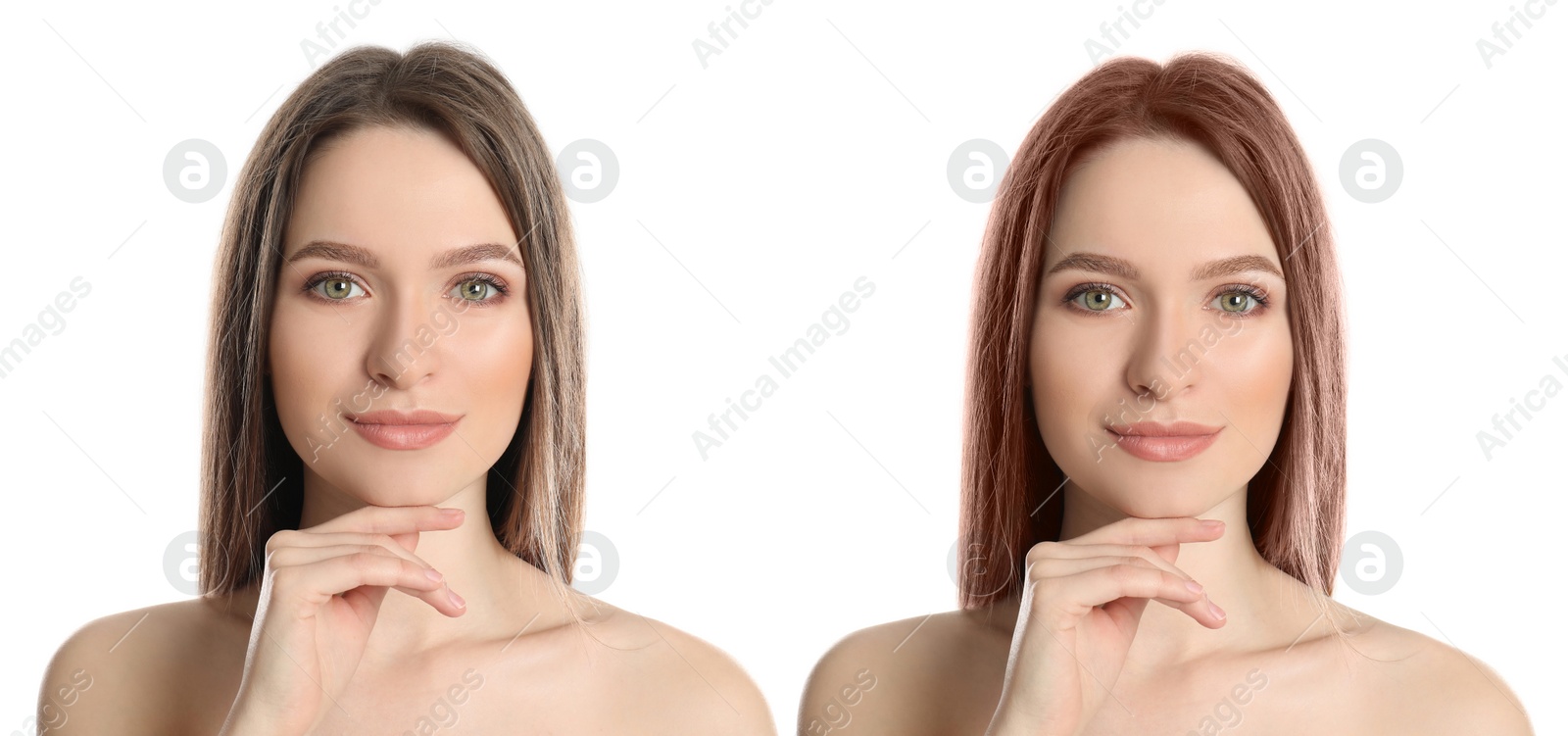 Image of Beautiful woman before and after hair coloring on white background 