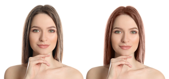 Beautiful woman before and after hair coloring on white background 