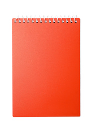 Photo of Stylish red notebook isolated on white, top view