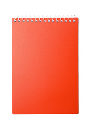 Stylish red notebook isolated on white, top view