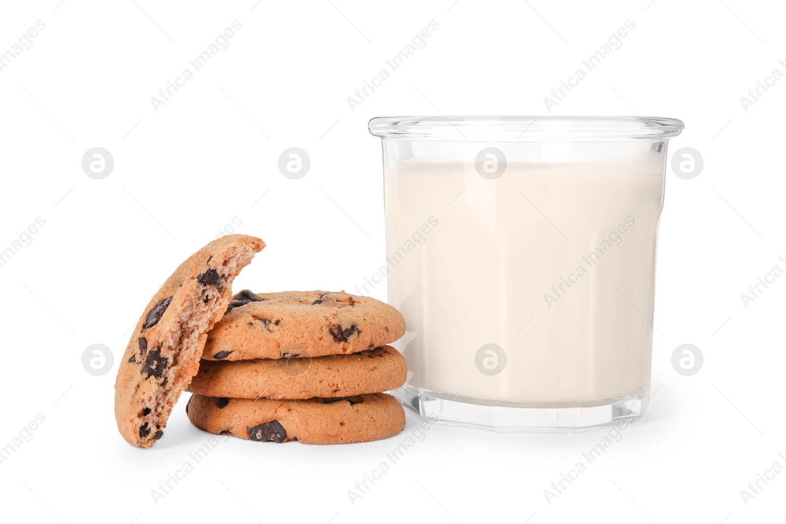 Photo of Delicious chocolate chip cookies and milk isolated on white