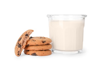 Photo of Delicious chocolate chip cookies and milk isolated on white