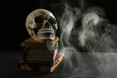 Photo of Human skull with books on black background, space for text