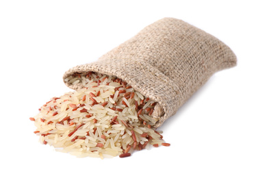 Photo of Mix of brown and polished rice in bag isolated on white