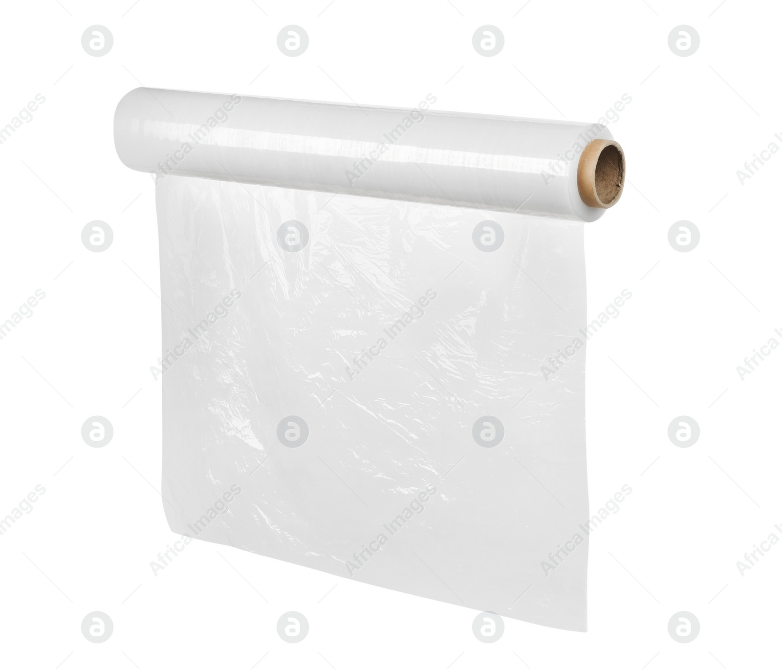 Photo of Roll of transparent stretch wrap isolated on white