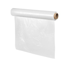 Photo of Roll of transparent stretch wrap isolated on white