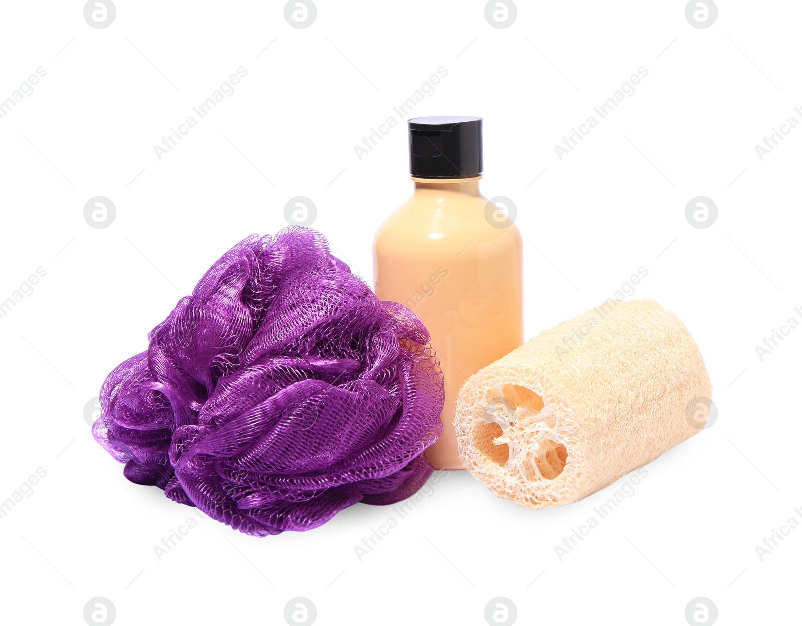 Photo of New shower puff, loofah sponge and bottle of cosmetic product on white background