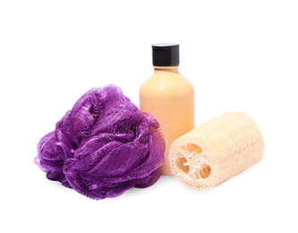 Photo of New shower puff, loofah sponge and bottle of cosmetic product on white background