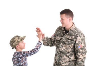 Photo of Male soldier with his son on white background. Military service
