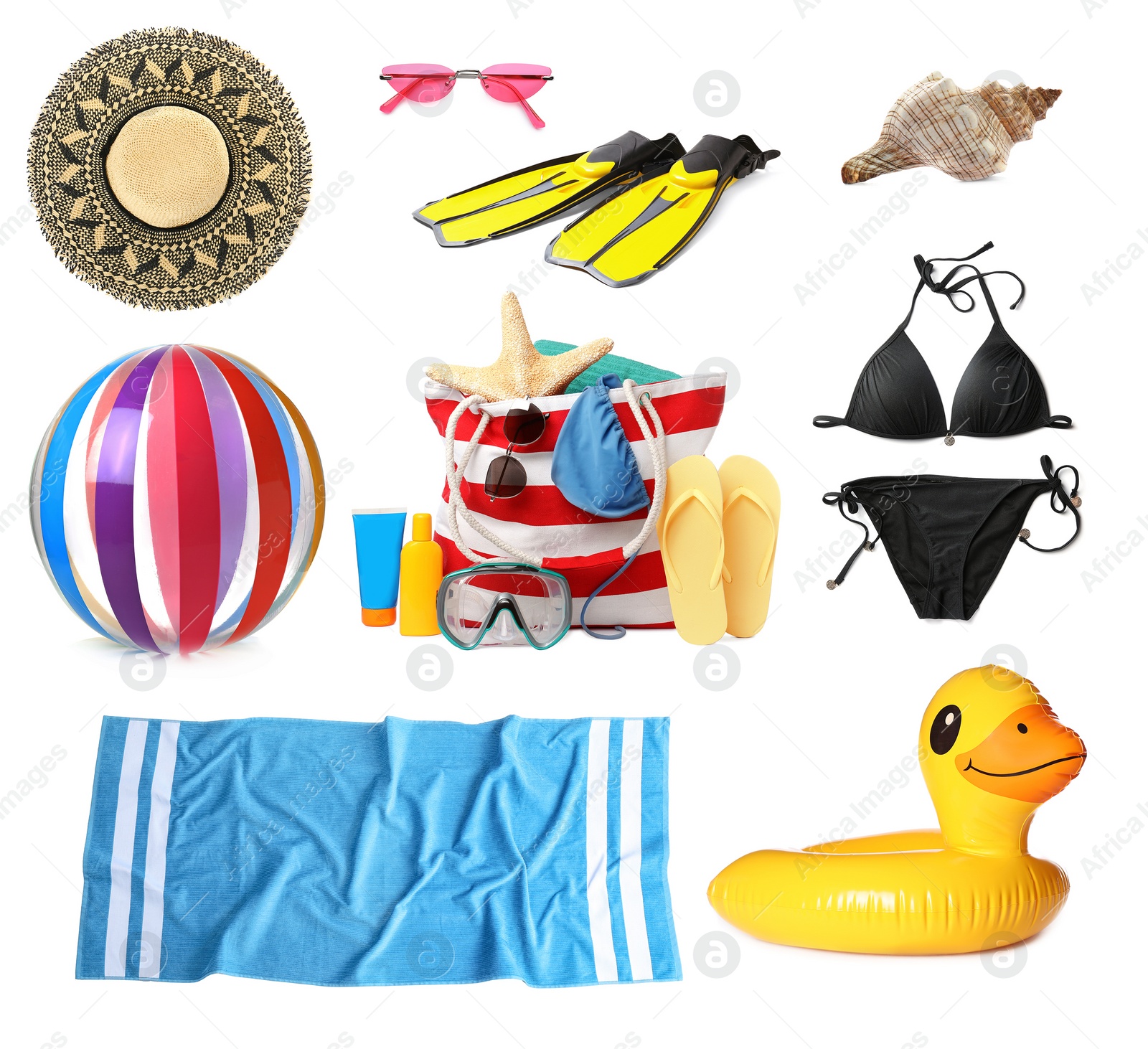 Image of Set with stylish beach bag and other accessories on white background