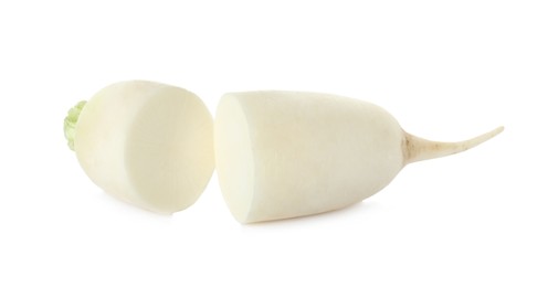 Cut fresh ripe turnip on white background