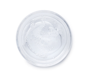 Photo of Jar of transparent cosmetic gel on light background, top view