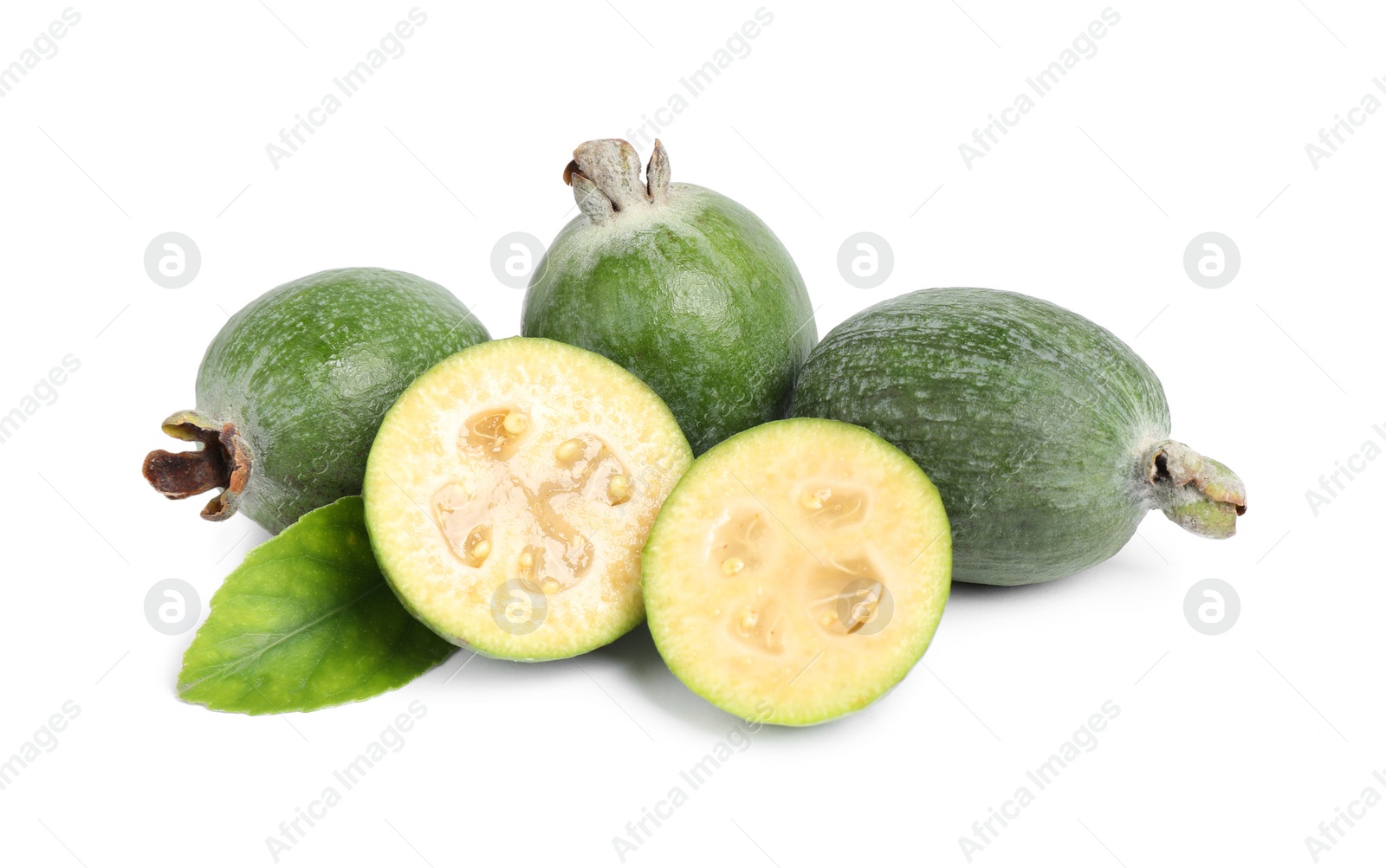 Photo of Pile of feijoas and leaf on white background